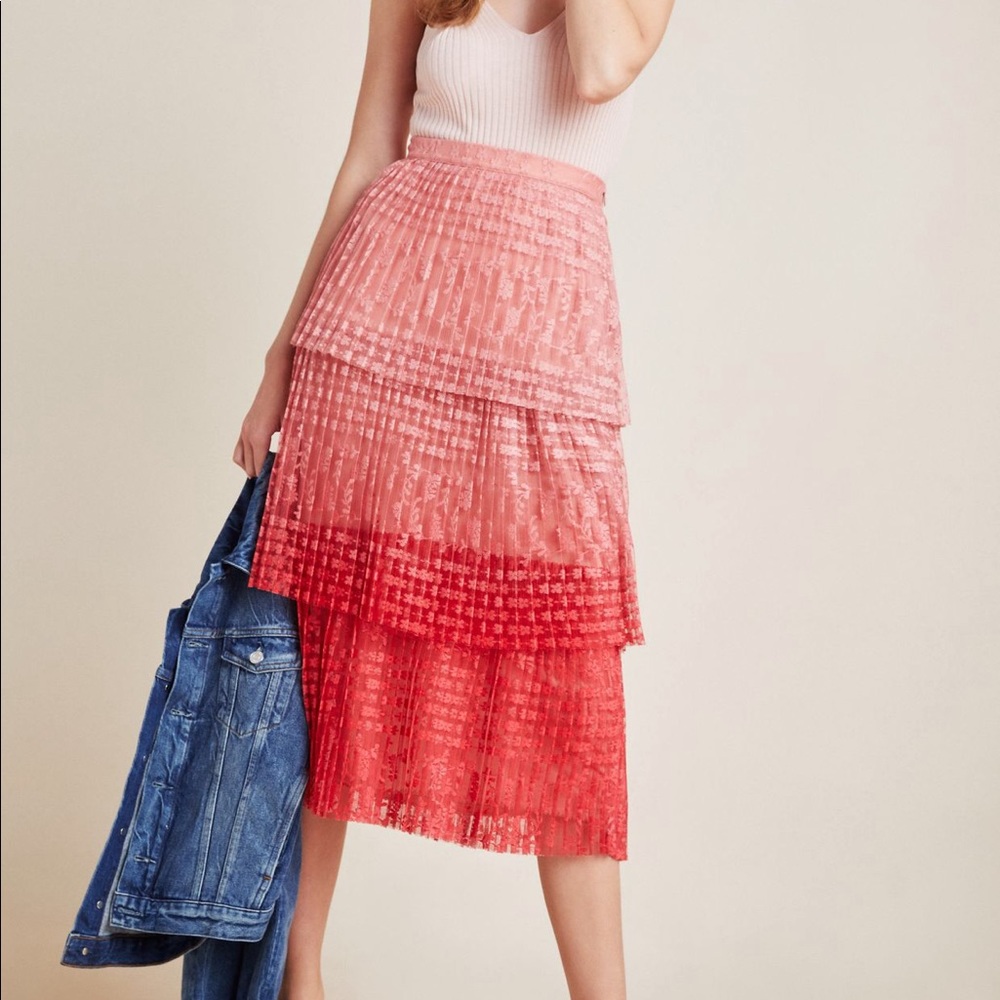 Anthropologie Maeve pink and red ombre tiered maxi skirt